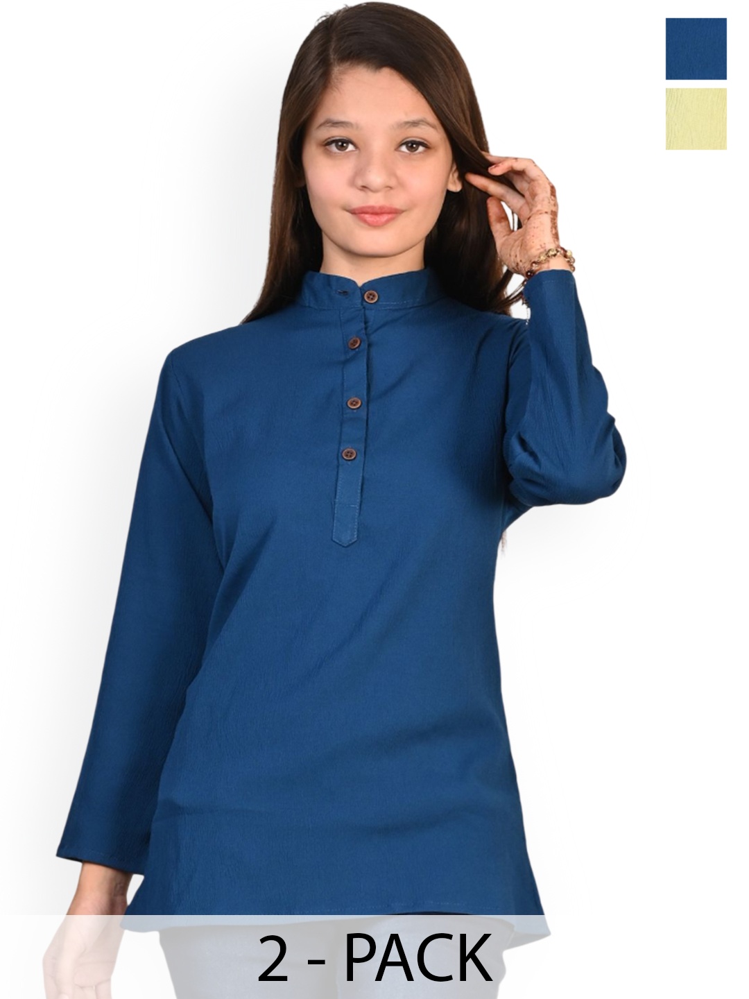 

BAESD Girls Pack of 2 Band Collar Crepe Straight Kurta, Blue