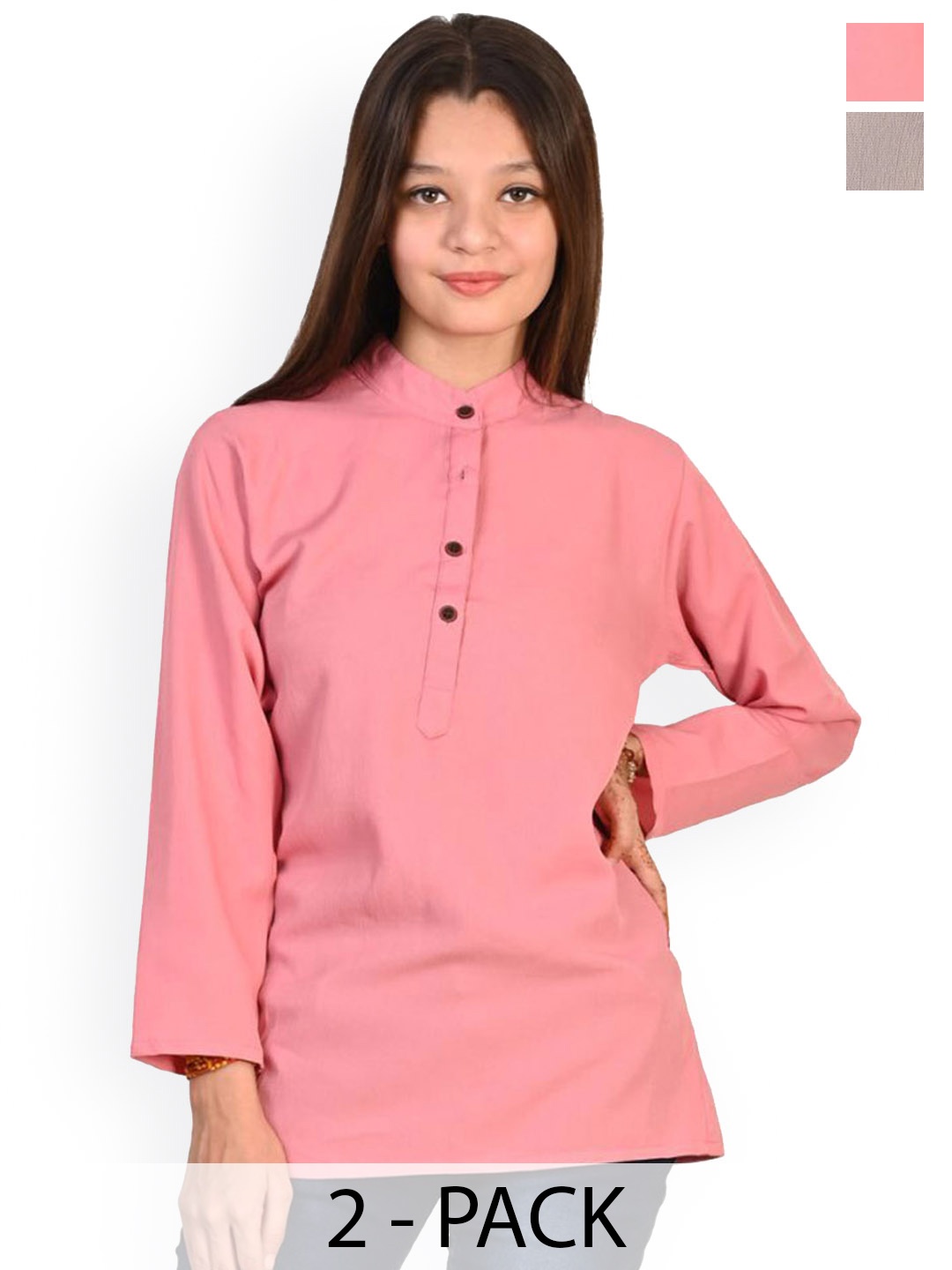 

BAESD Girls Pack Of 2 Band Collar Long Sleeves Kurtas, Pink