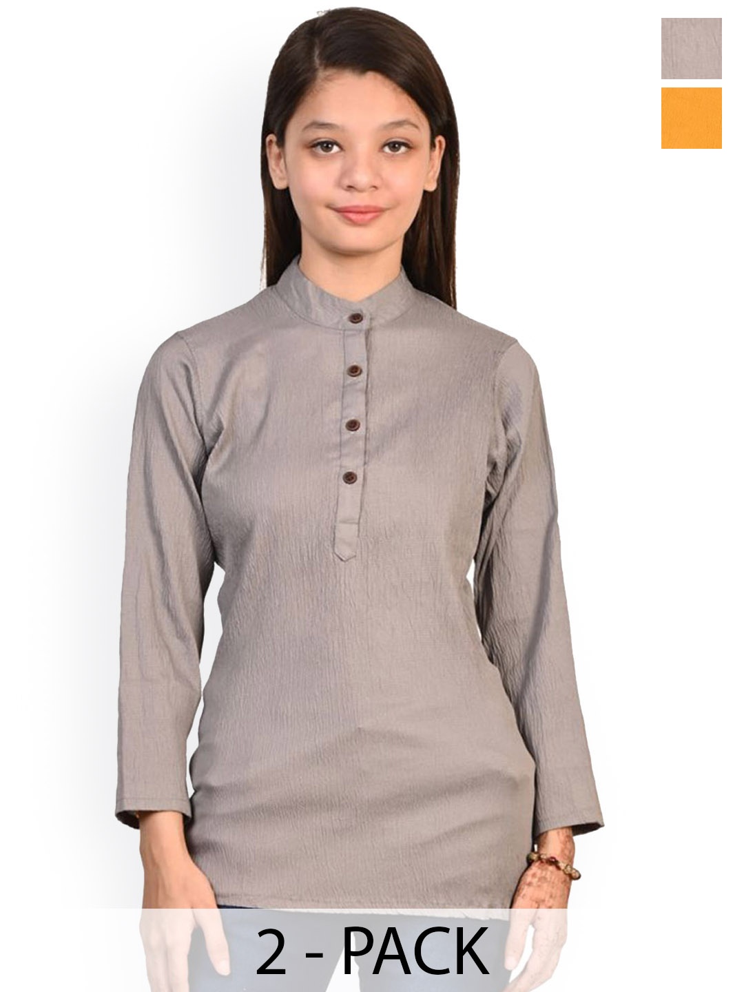 

BAESD Girls Pack Of 2 Band Collar Long Sleeves Kurtas, Grey