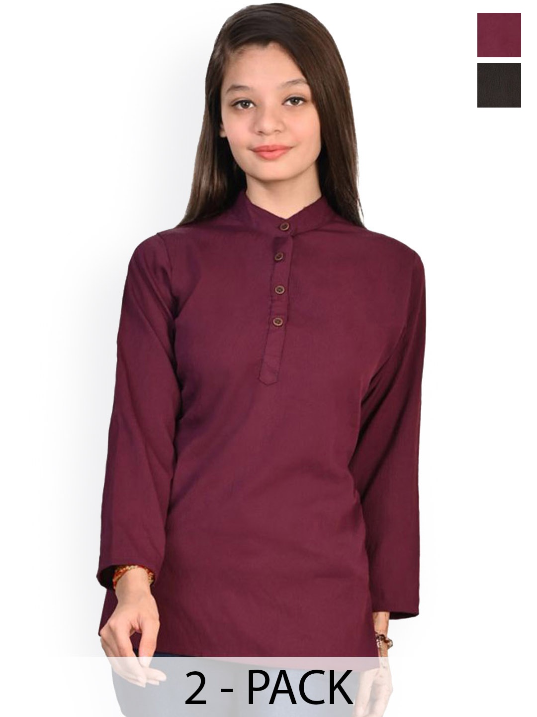 

BAESD Girls Pack Of 2 Band Collar Long Sleeves Kurtas, Burgundy