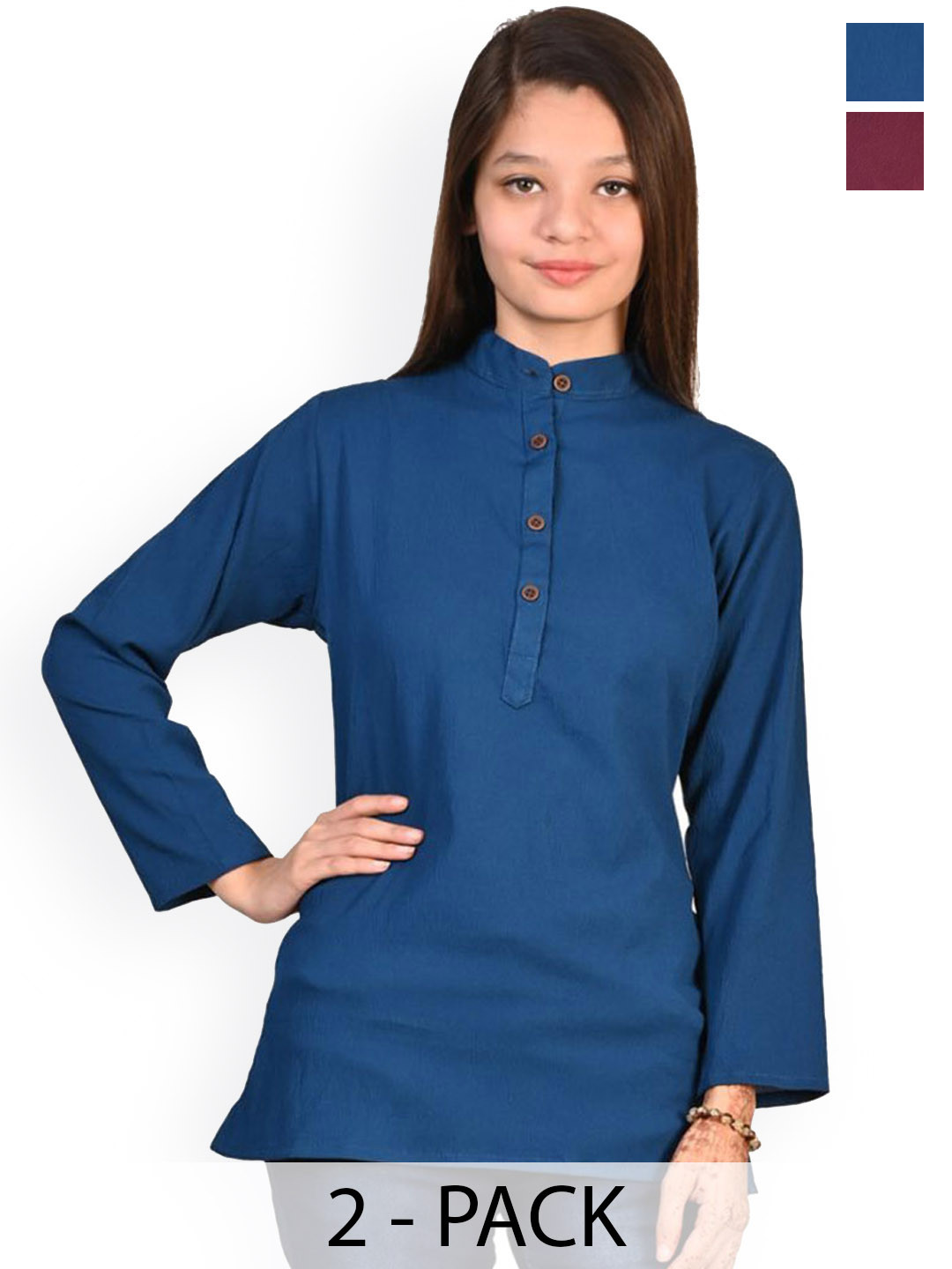 

BAESD Girls Pack of 2 Band Collar Crepe Straight Kurta, Blue