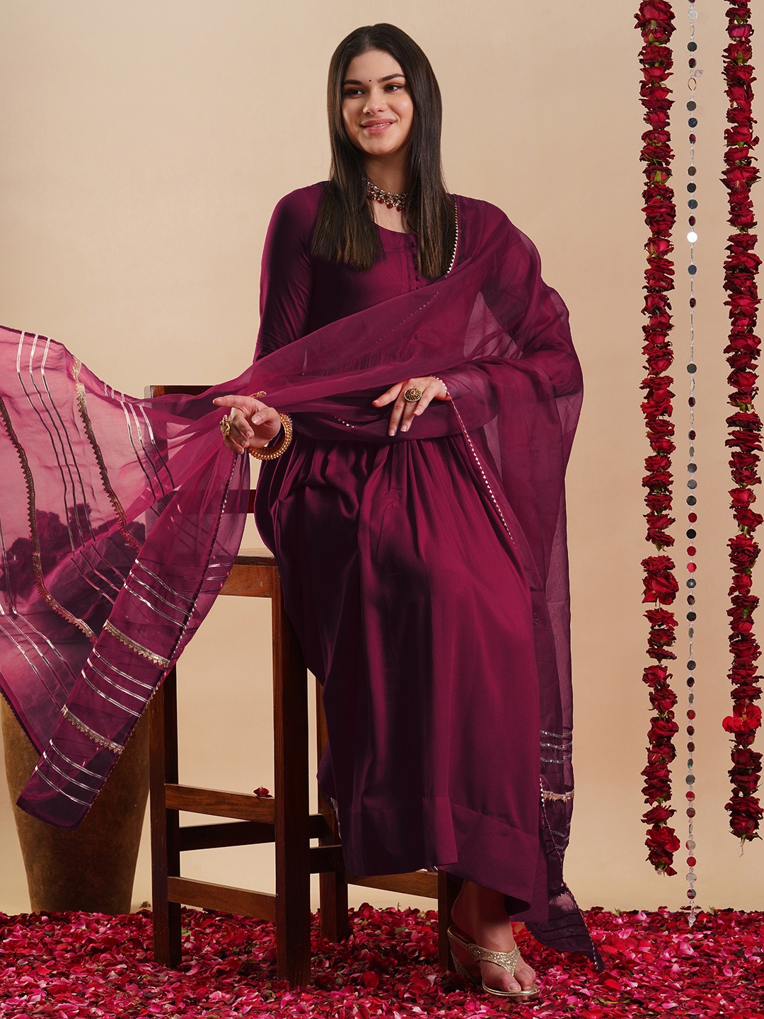 

KALINI Round Neck Pleated Anarlali Kurta with Trouser & Dupatta, Maroon