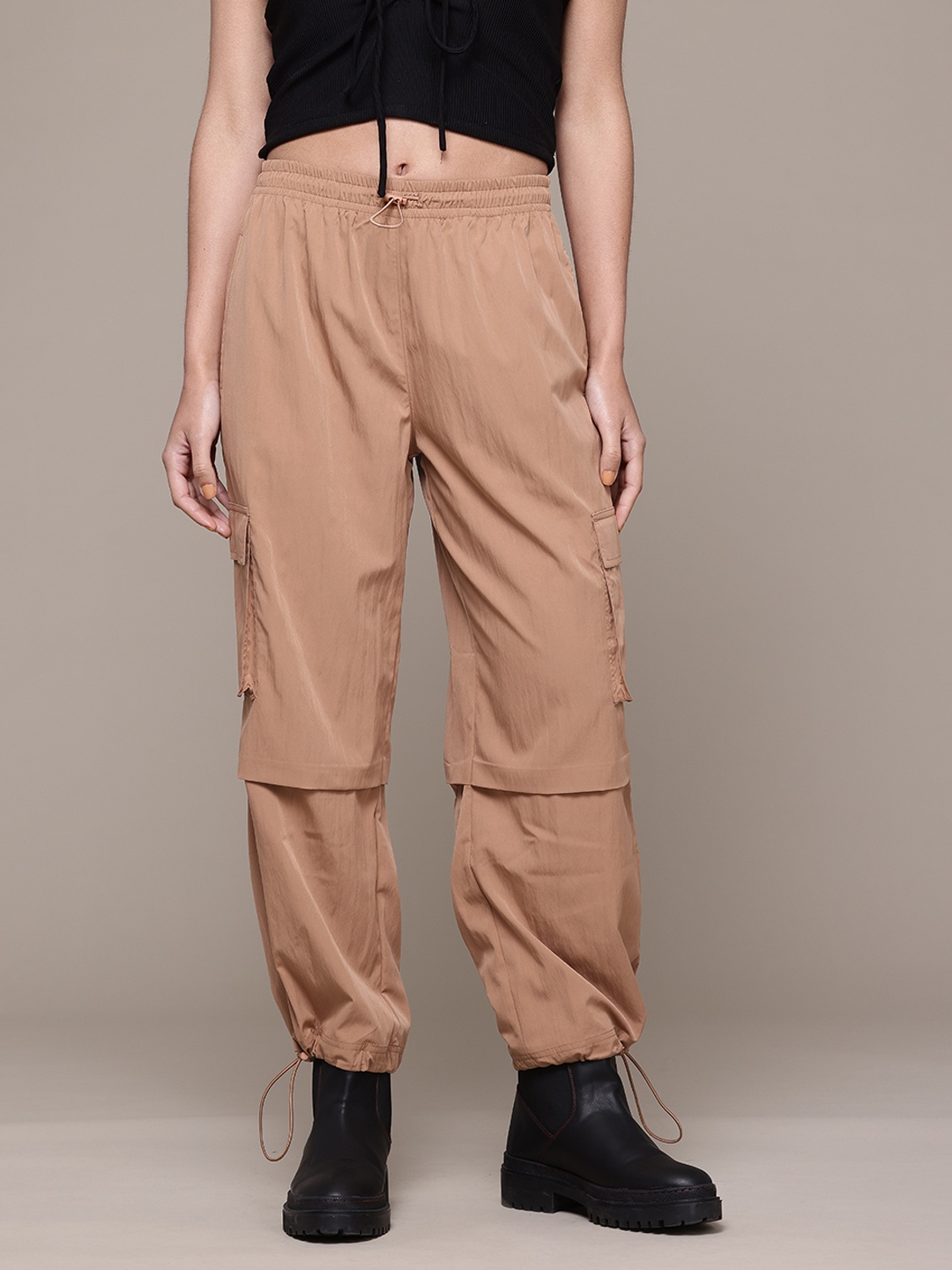 

The Roadster Lifestyle Co. Women Relaxed Loose Fit High-Rise Parachute Trousers, Brown