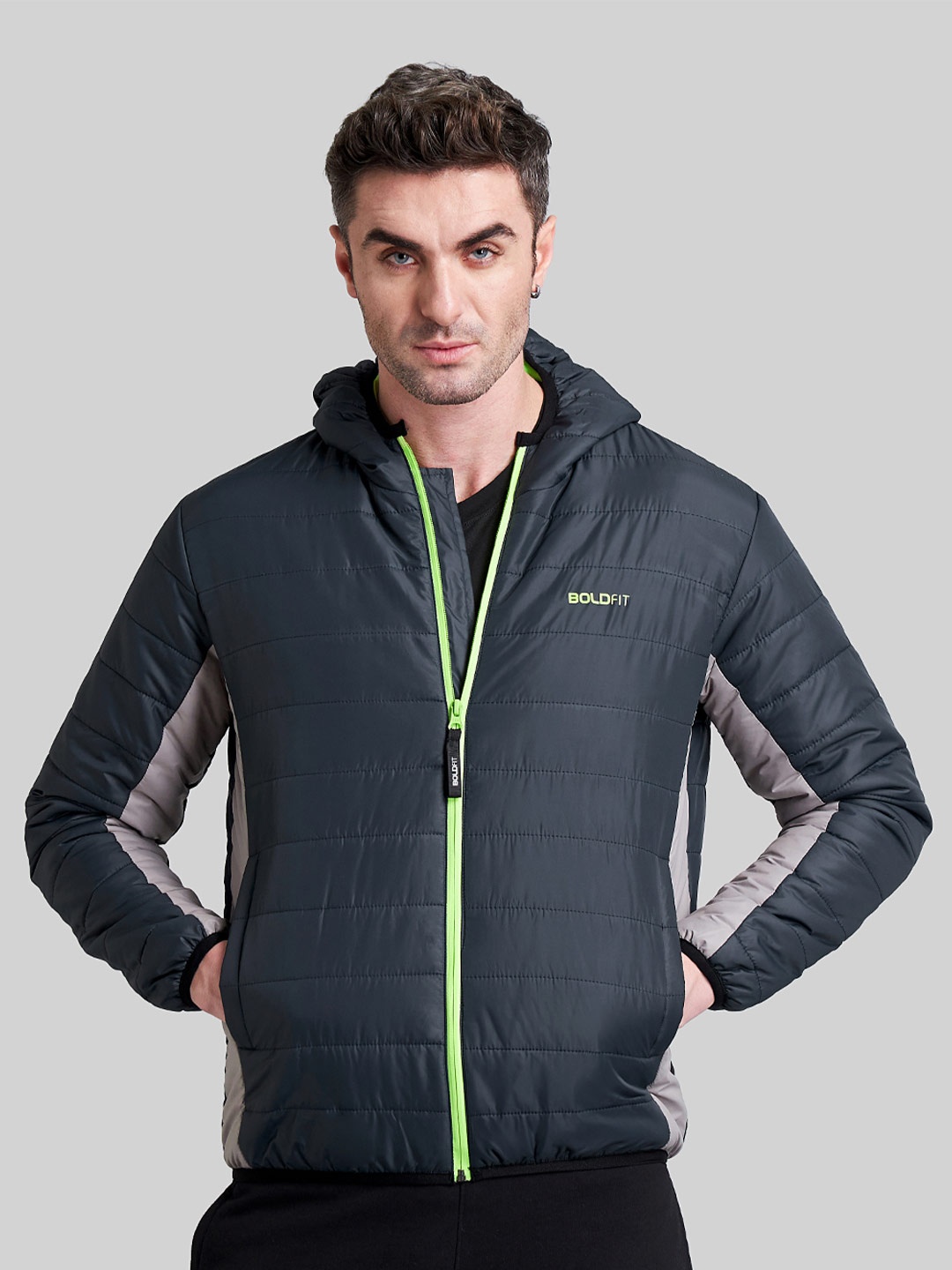 

BOLDFIT Men Colourblocked Lightweight Outdoor Puffer Jacket, Navy blue