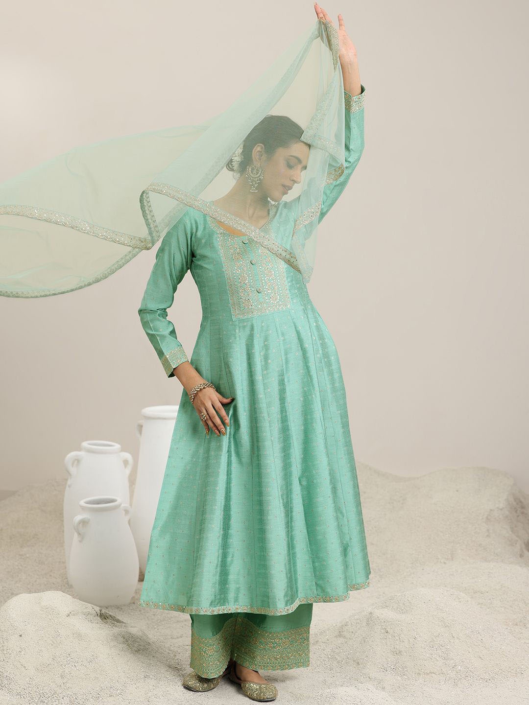 

Libas Women Ethnic Motifs Embroidered Panelled Sequinned Chanderi Silk Kurta with Palazzos & With Dupatta, Sea green