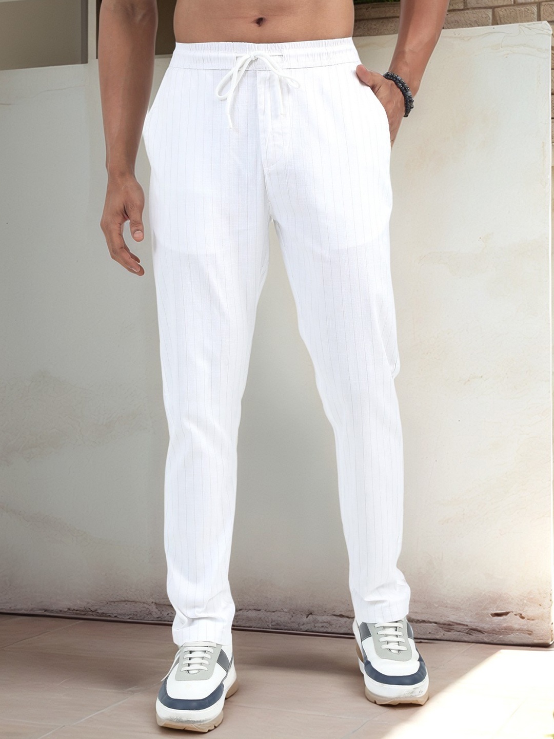 

NEVER NEUD Men Relaxed Air Linen Summer Stripes Trousers, White