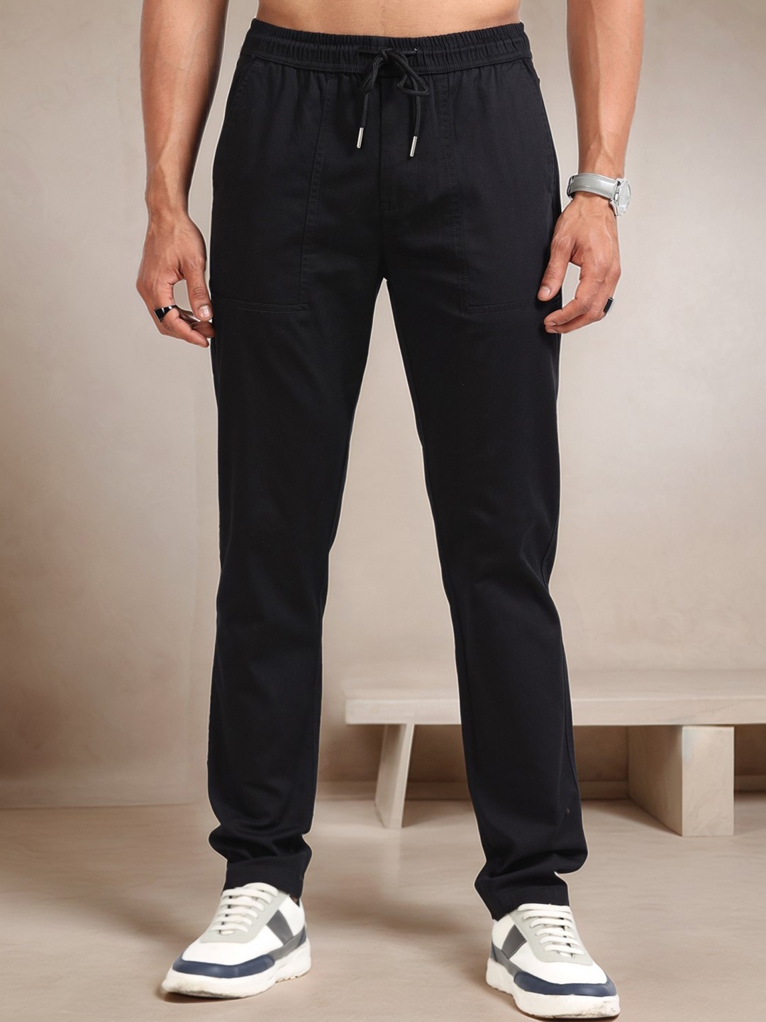 

NEVER NEUD Men Relaxed Comfy Airport Trousers, Black