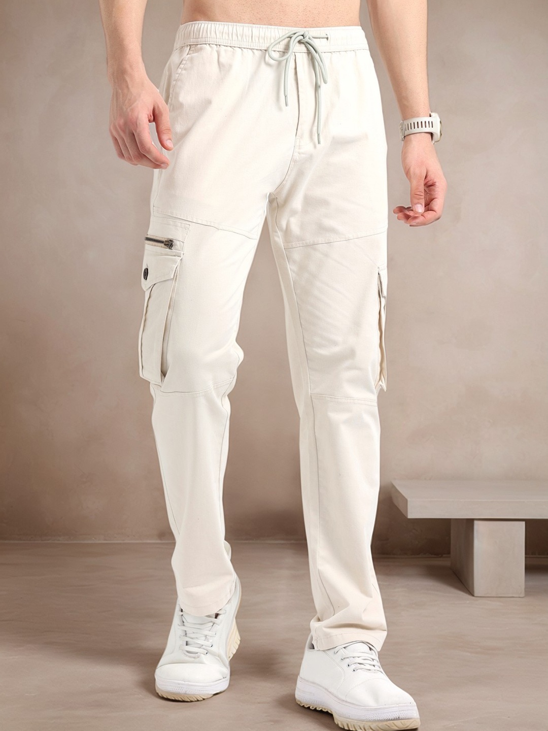 

NEVER NEUD Men Relaxed Zipper Utility Cargos Trousers, Cream