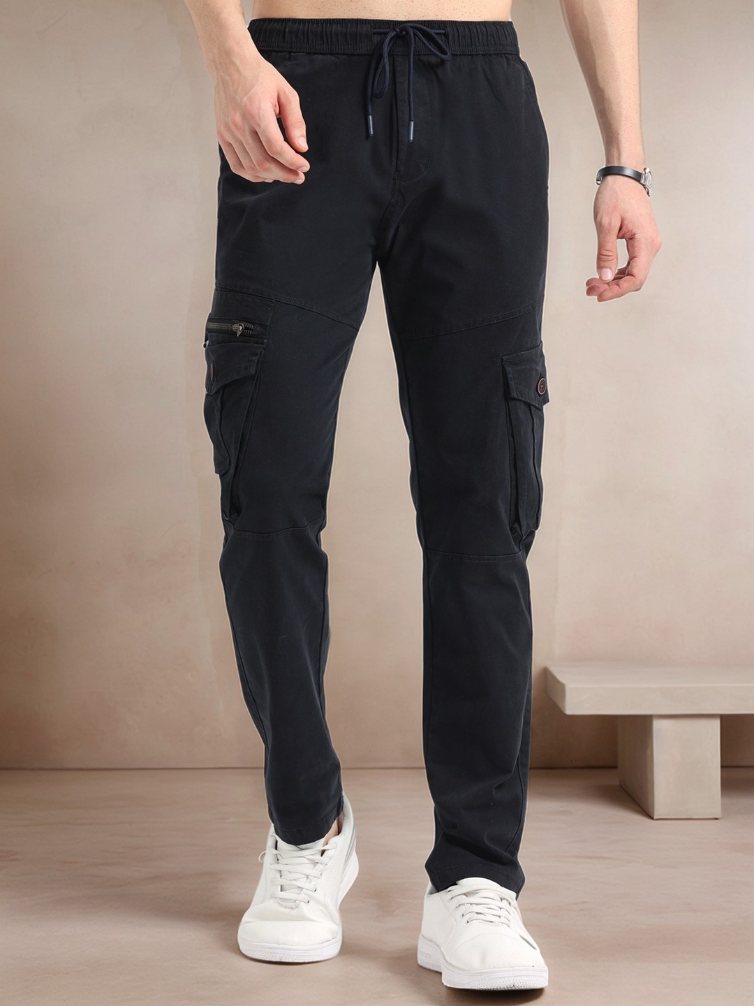 

NEVER NEUD Men Relaxed Zipper Utility Cargos Trousers, Black