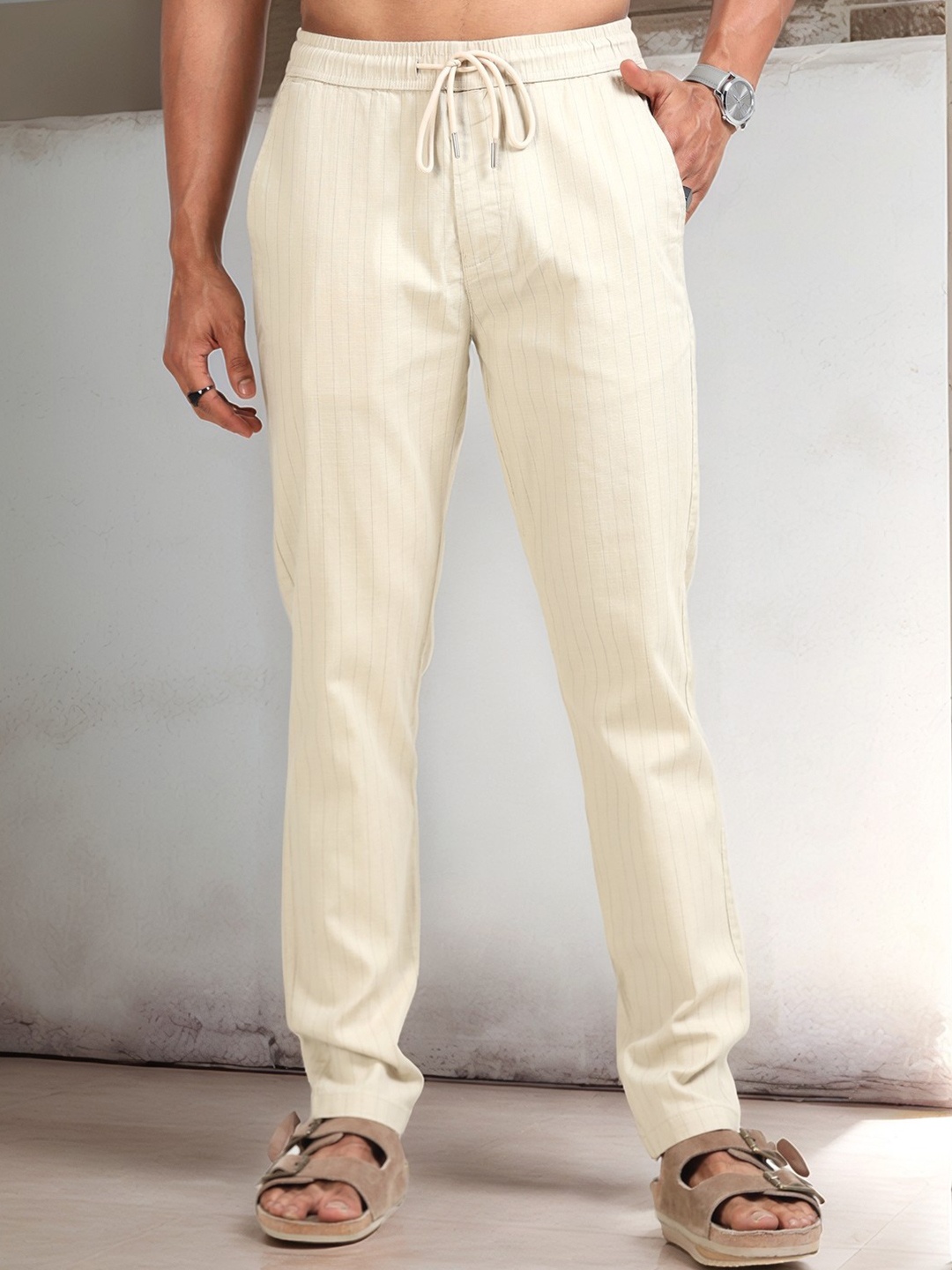 

NEVER NEUD Men Relaxed Air Linen Summer Stripes Trousers, Beige