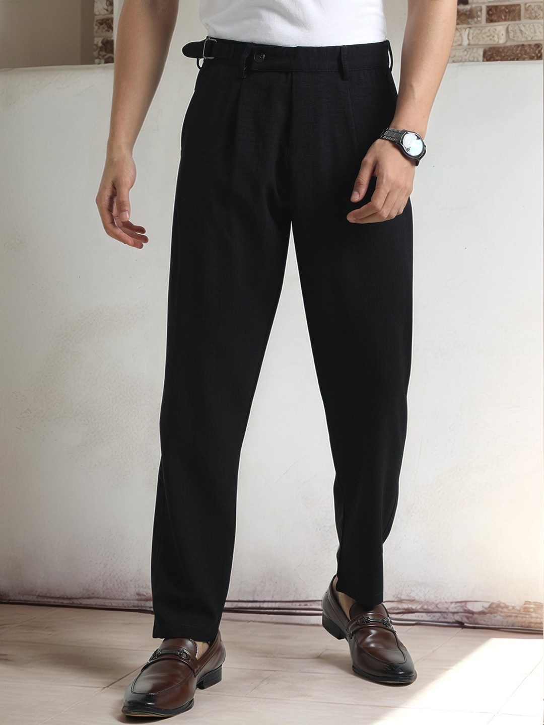 

NEVER NEUD Men Relaxed Air Linen Summer Pleated Trousers, Black