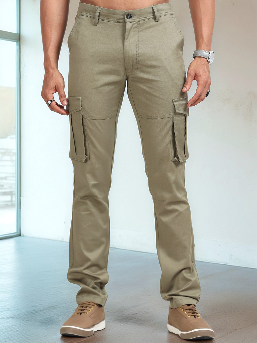 

NEVER NEUD Men Relaxed Popcorn Dobby Cargos Trousers, Green