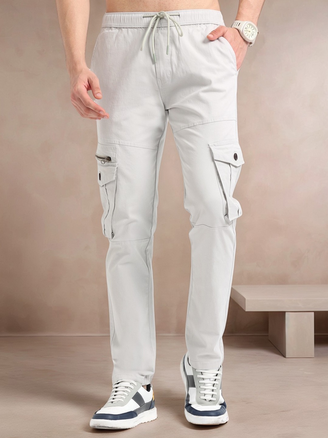 

NEVER NEUD Men Relaxed Zipper Utility Cargos Trousers, Steel