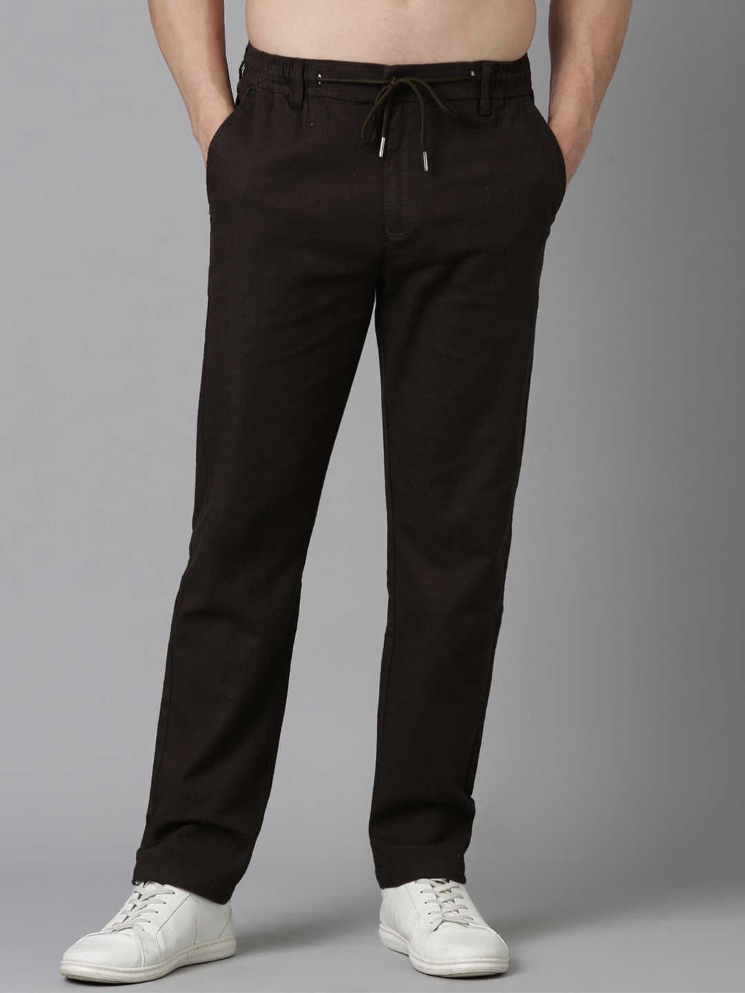 

NEVER NEUD Men Relaxed Fancy Linen Trousers, Brown