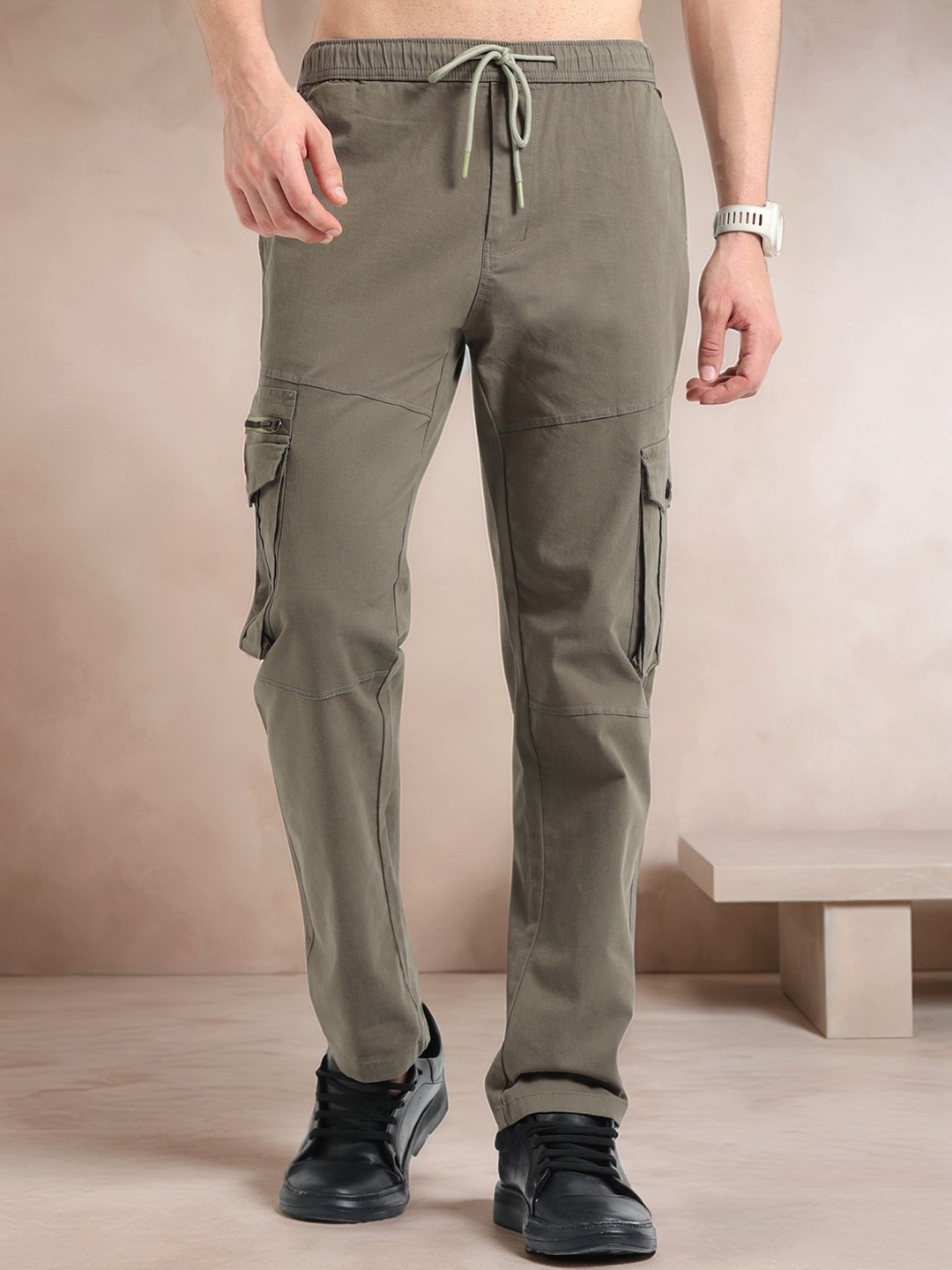 

NEVER NEUD Men Relaxed Zipper Utility Cargos Trousers, Olive