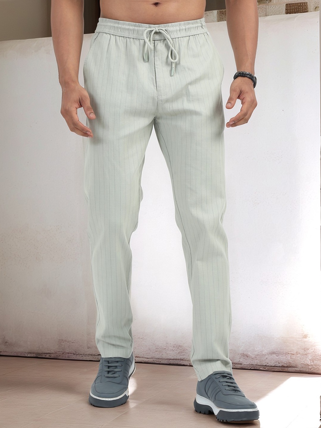

NEVER NEUD Men Relaxed Air Linen Summer Stripes Trousers, Green
