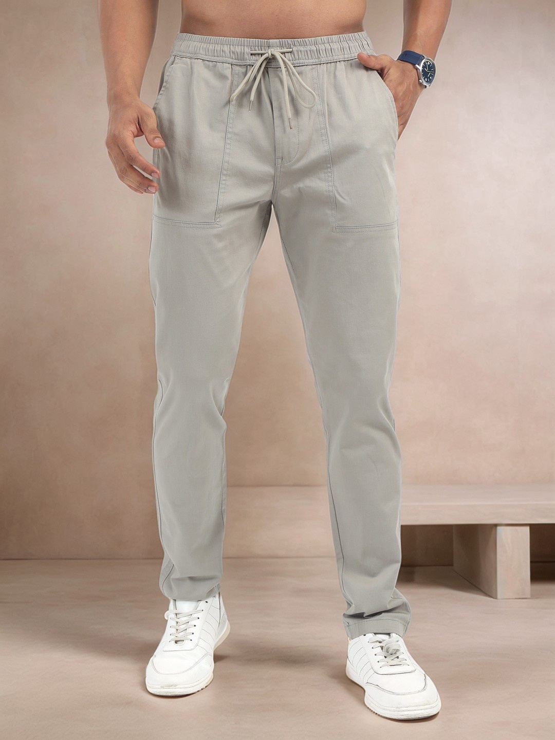 

NEVER NEUD Men Relaxed Comfy Airport Trousers, Cream