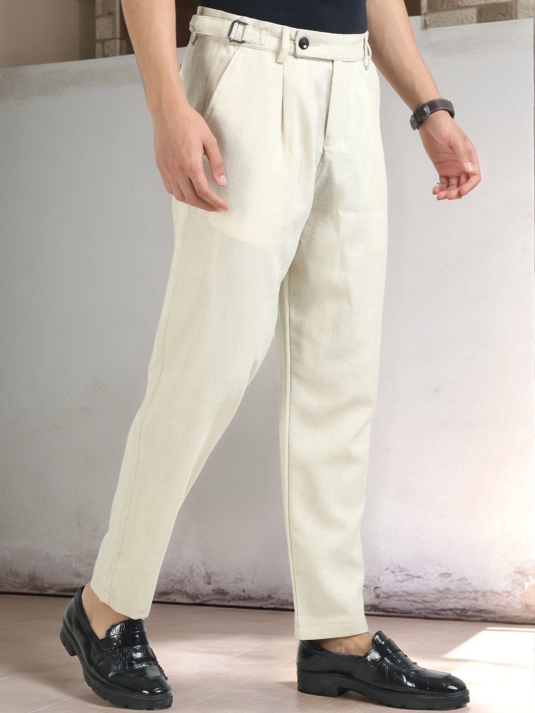 

NEVER NEUD Men Relaxed Air Linen Summer Pleated Trousers, Beige