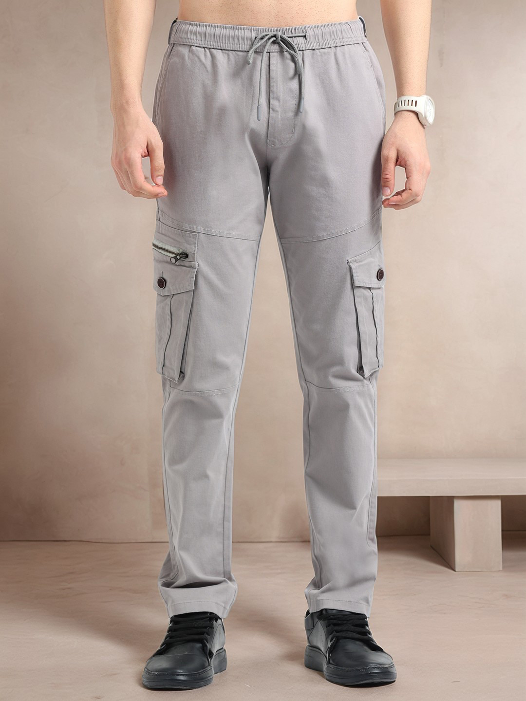 

NEVER NEUD Men Relaxed Zipper Utility Cargos Trousers, Cream