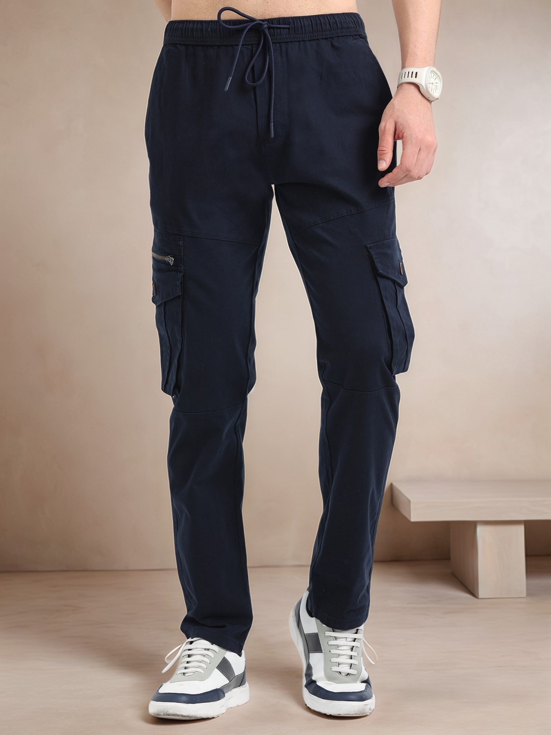 

NEVER NEUD Men Relaxed Zipper Utility Cargos Trousers, Navy blue