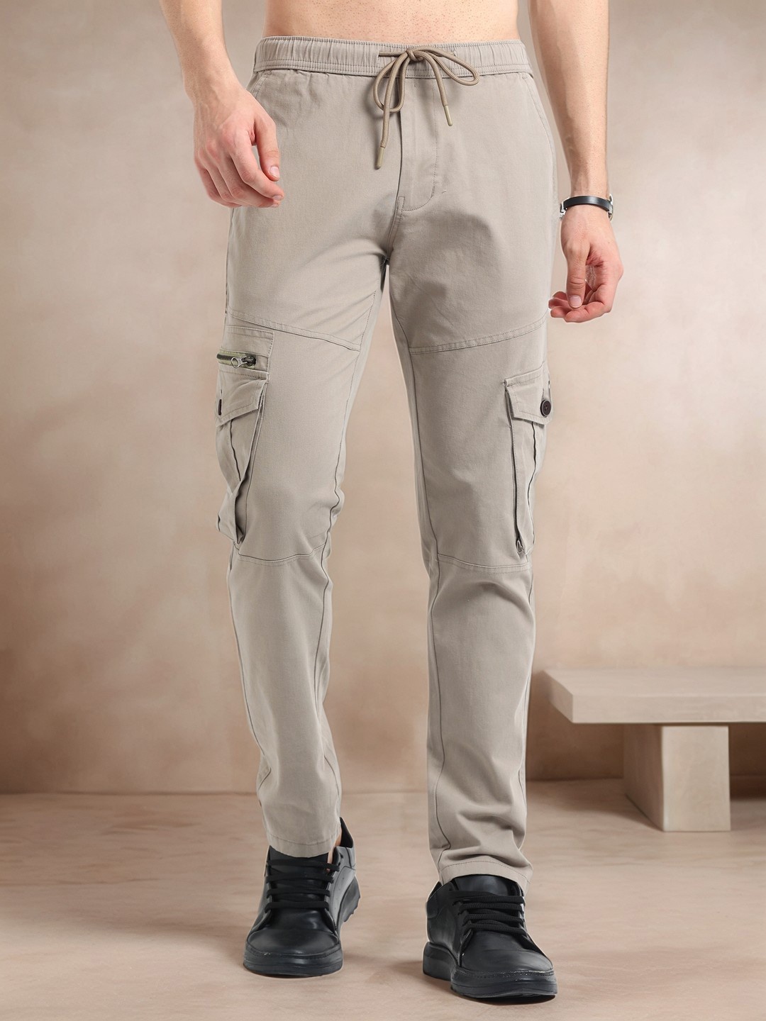 

NEVER NEUD Men Relaxed Zipper Utility Cargos Trousers, Khaki