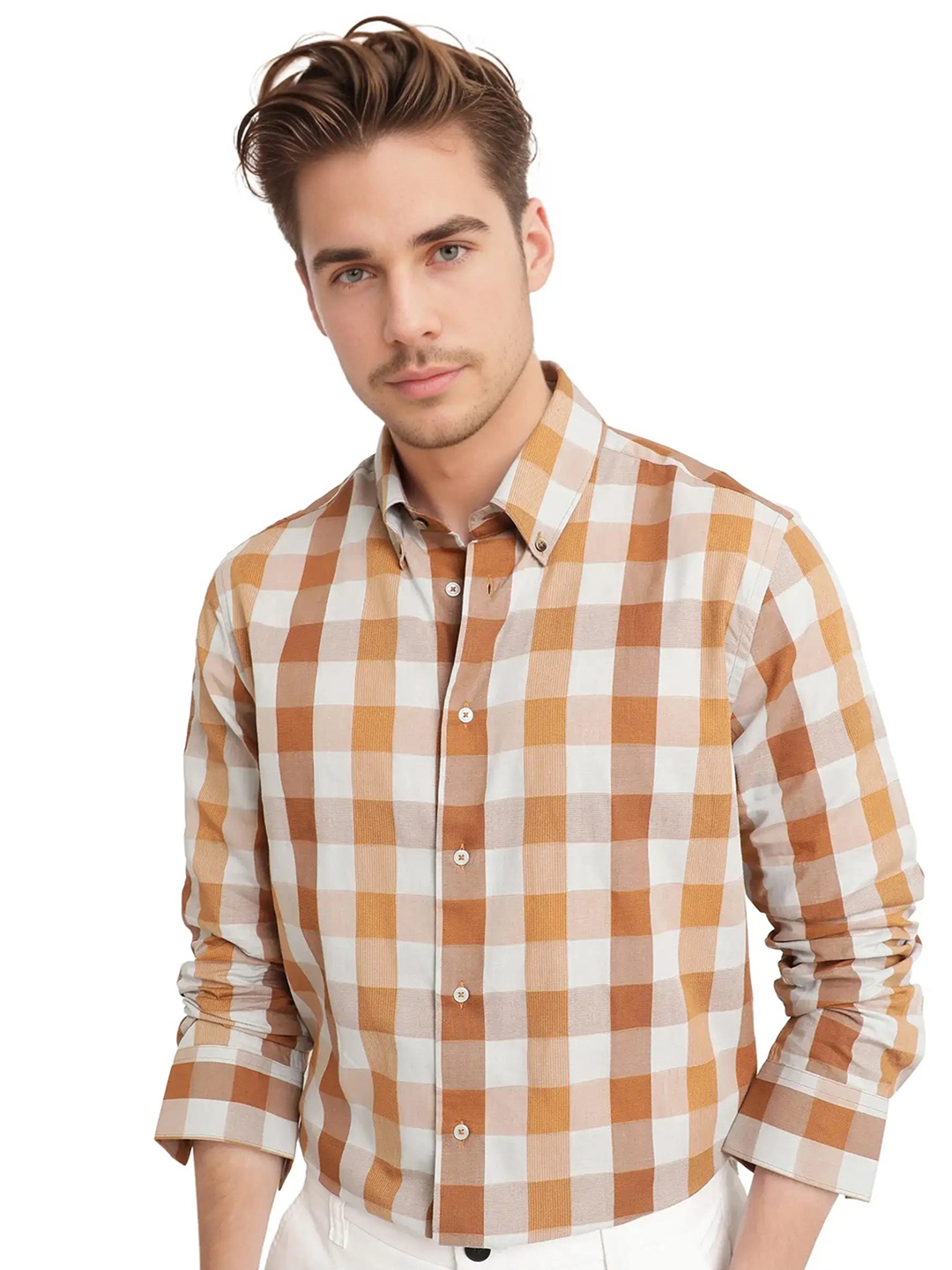 

RARE RABBIT Men Comfort Button-Down Collar Gingham Checked Cotton Casual Shirt, Mustard