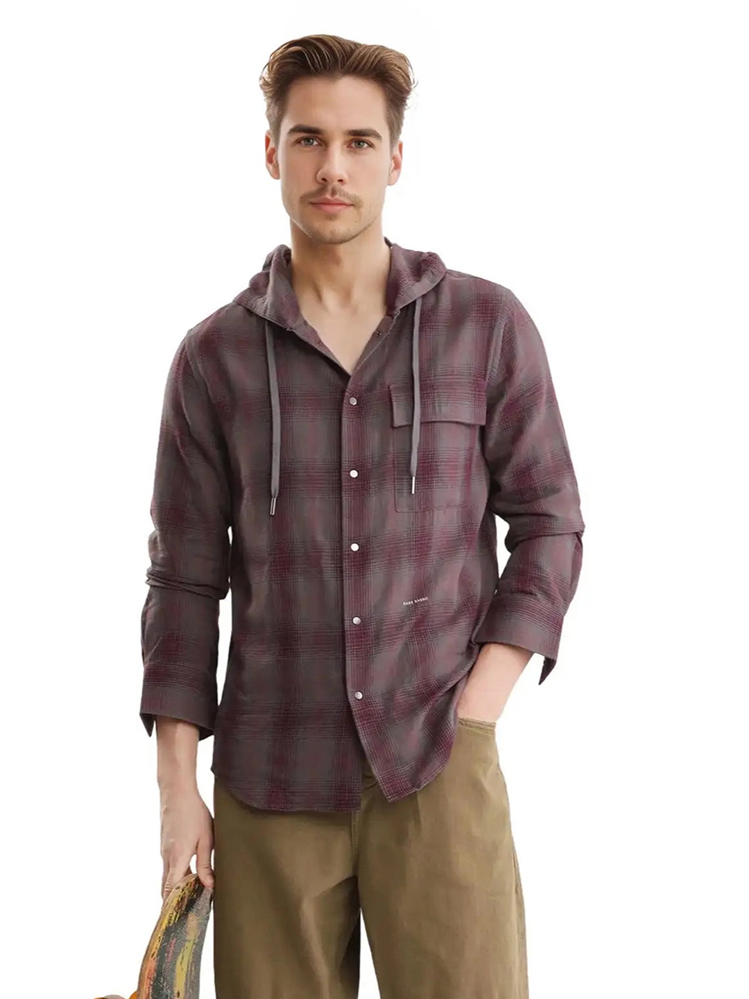 RARE RABBIT Men Comfort Hood Checked Cotton Oversized Casual Shirt, Maroon