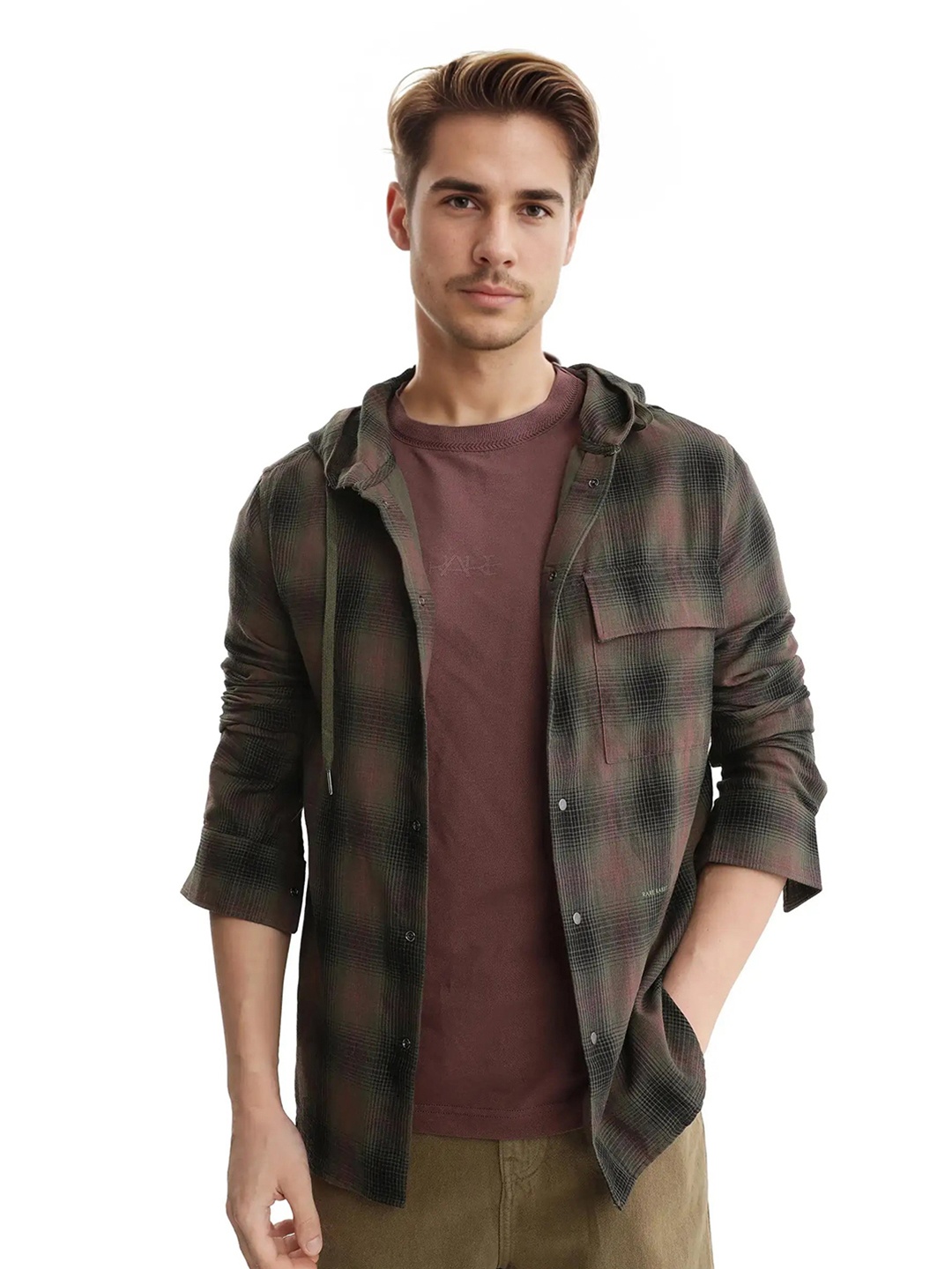 

RARE RABBIT Men Comfort Hood Checked Cotton Oversized Casual Shirt, Maroon