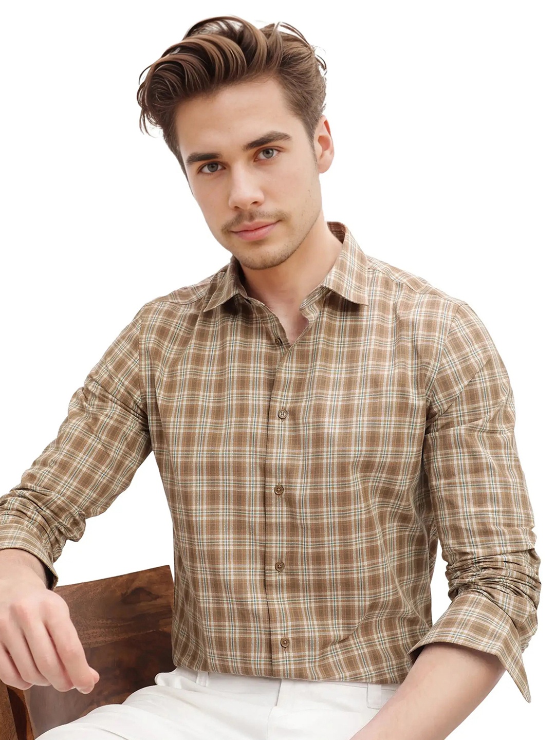 

RARE RABBIT Men Comfort Spread Collar Tartan Checked Cotton Casual Shirt, Brown