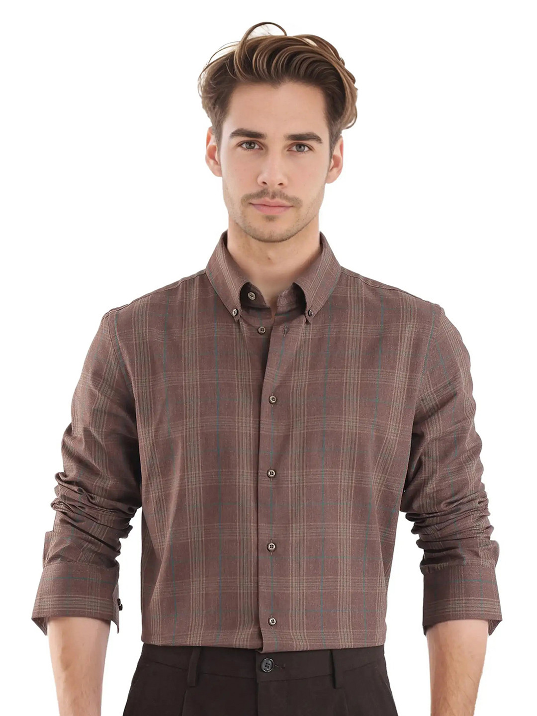 

RARE RABBIT Men Comfort Fit Button-Down Collar Checked Cotton Casual Shirt, Brown