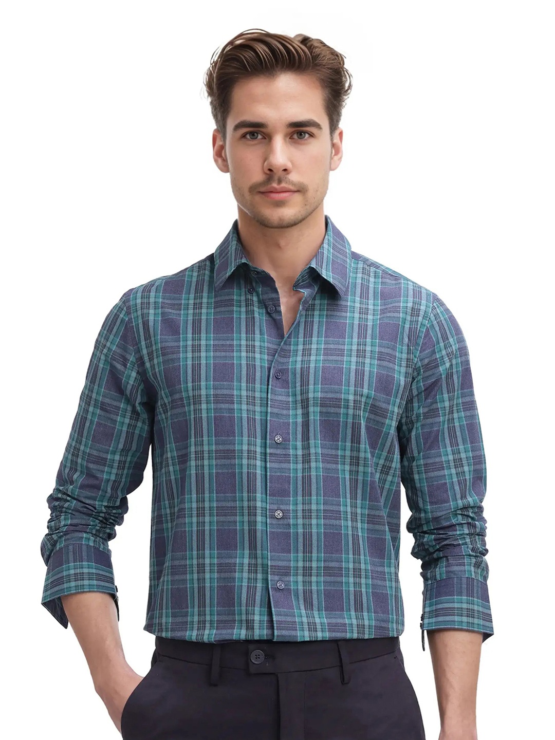 

RARE RABBIT Men Comfort Spread Collar Tartan Checked Cotton Casual Shirt, Turquoise blue