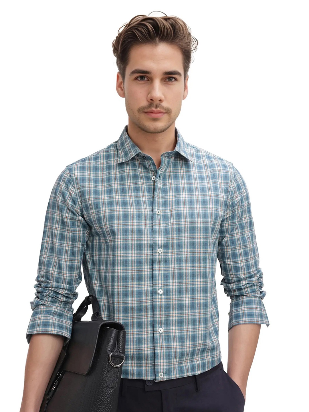 

RARE RABBIT Men Comfort Spread Collar Checked Cotton Casual Shirt, Turquoise blue