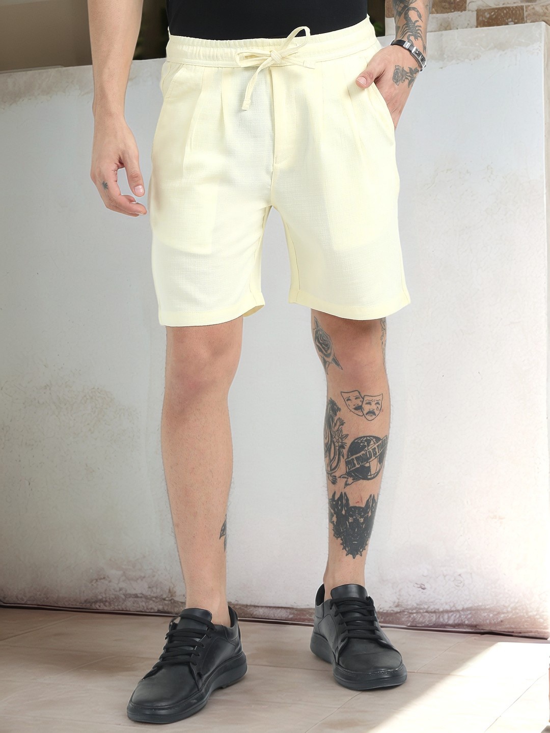 

NEVER NEUD Men Relaxed Air Linen Summer Shorts, Yellow