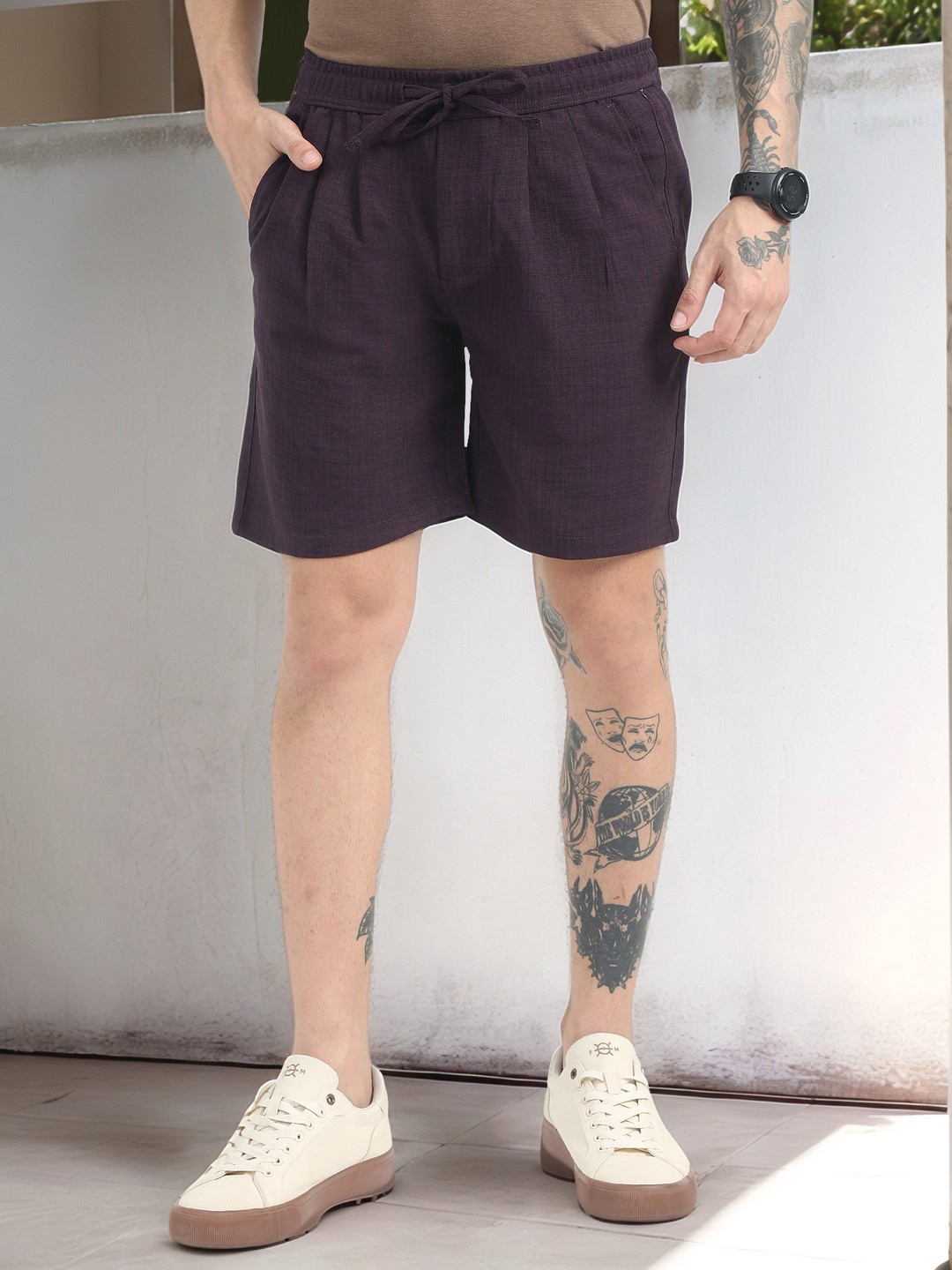 

NEVER NEUD Men Relaxed Air Linen Summer Shorts, Maroon