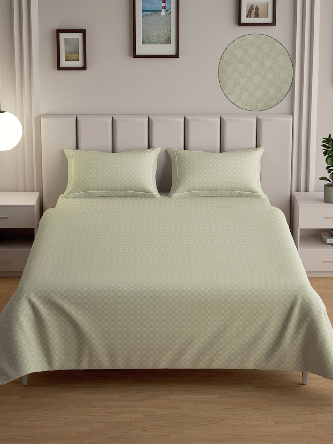 

Mulberry Living Urban Grid 300 TC Queen Size Beige Cotton Bedsheet & 2 Pillow Covers