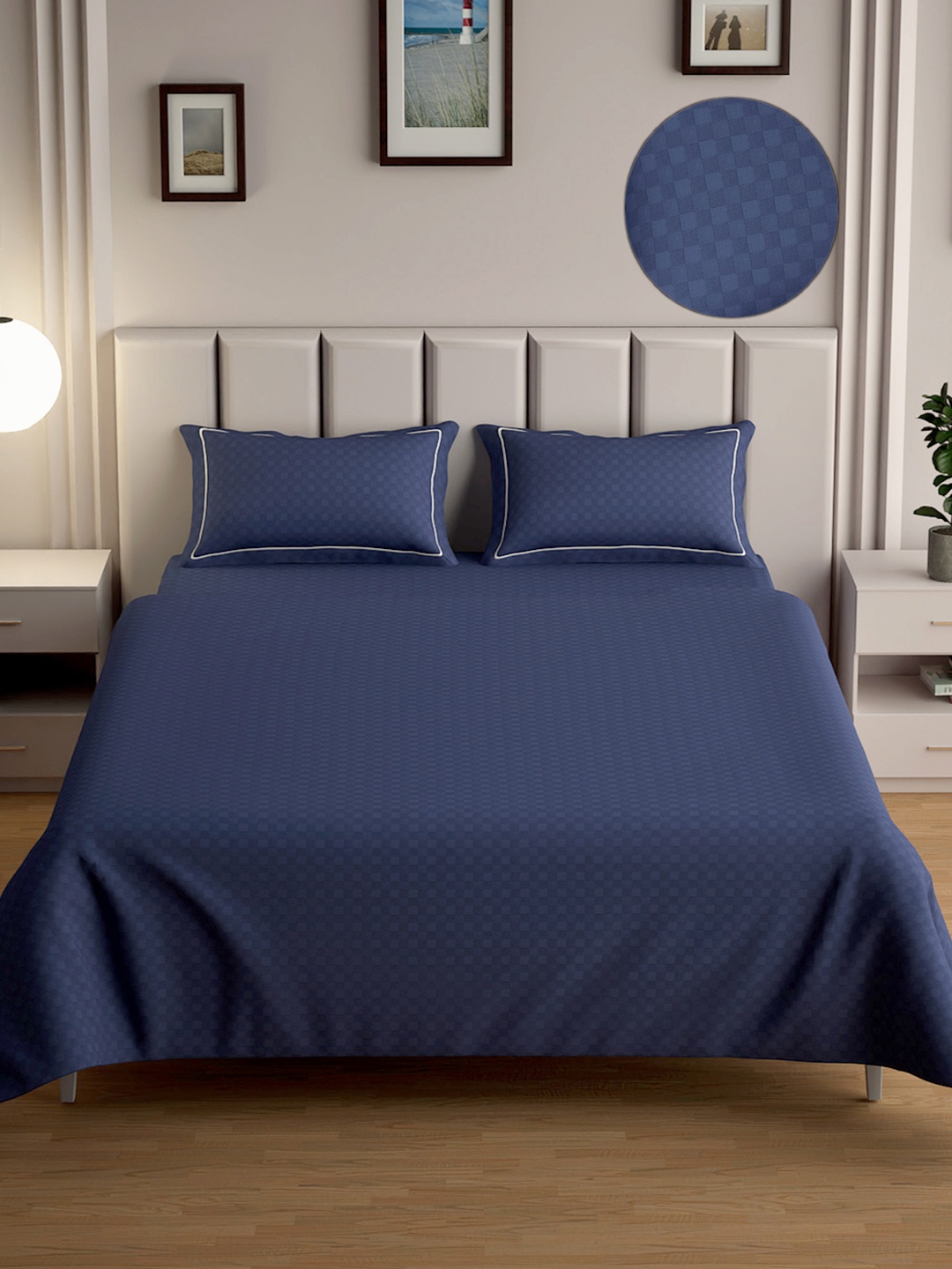 

Mulberry Living Blue Urban Grid Queen Size 300TC Bedsheet Set 2.74 m x 2.28 m