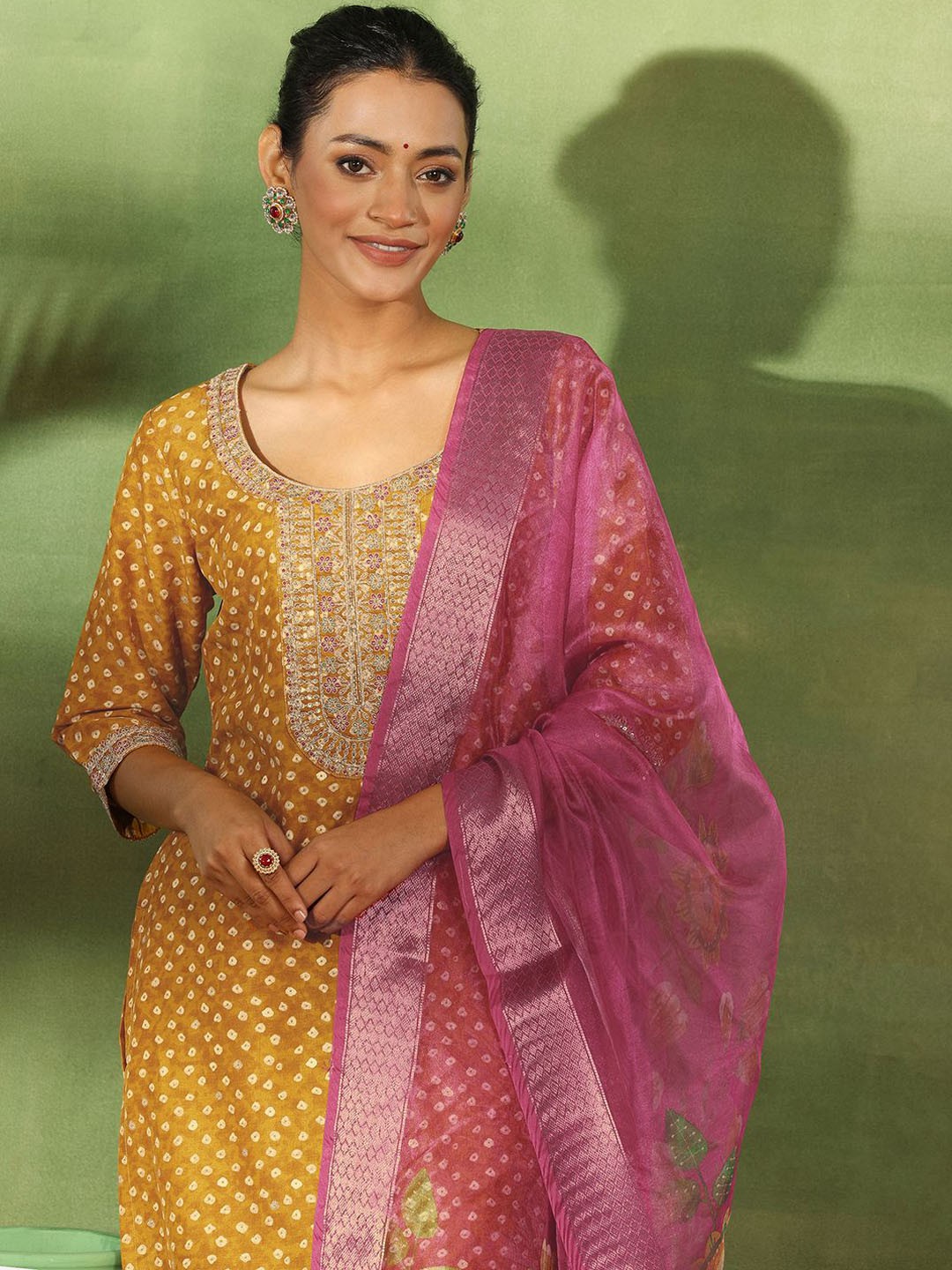 

Libas Bandhani Embroidered Sequinned Straight Kurta With Trouser & Dupatta, Mustard