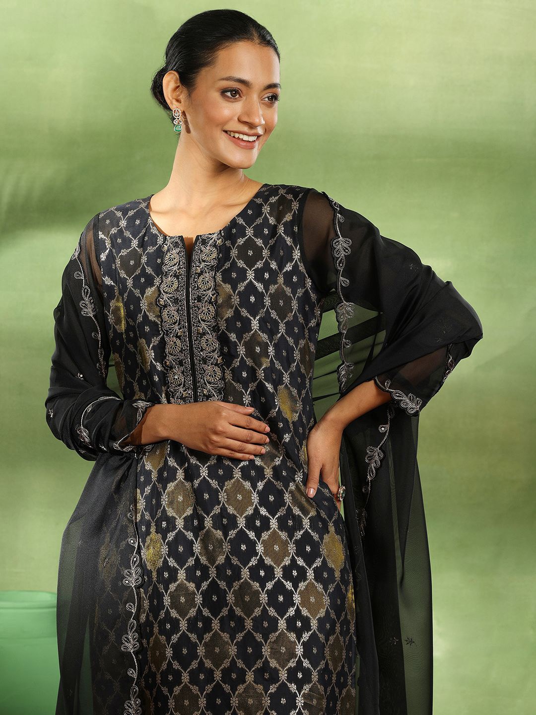 

Libas Ethnic Motifs Woven Design Zari Work Organza Straight Kurta With Trouser & Dupatta, Black