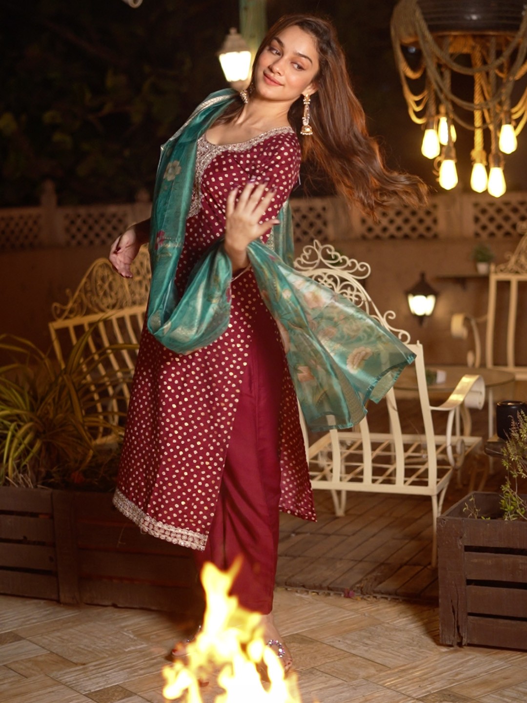

Libas Bandhani Embroidered Sequinned Straight Kurta With Trouser & Dupatta, Maroon