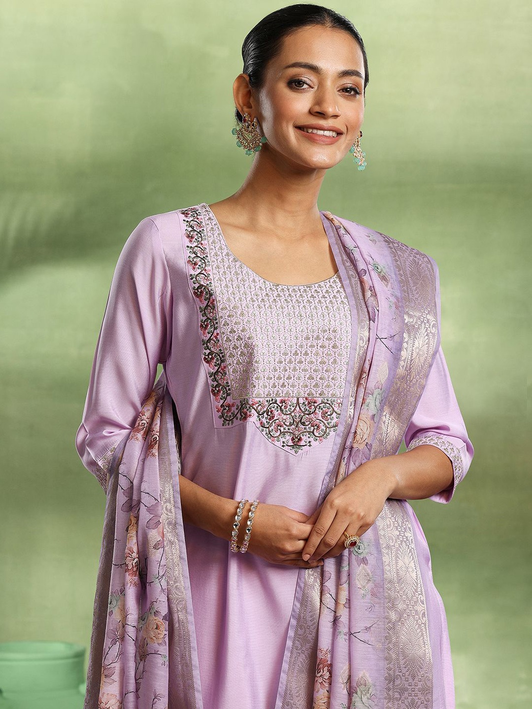 

Libas Floral Yoke Design Sequinned Kurta with Trouser & Dupatta, Lavender