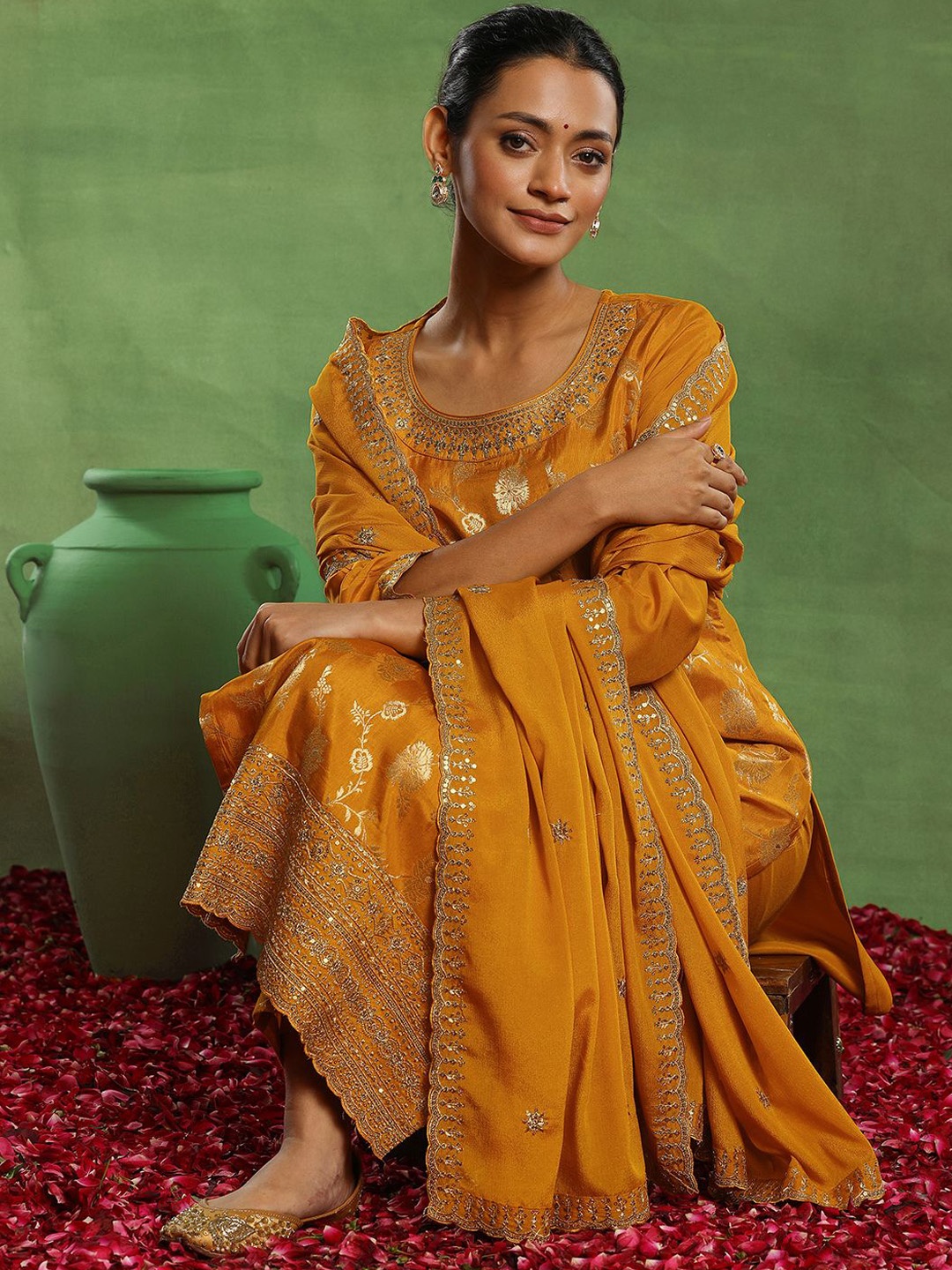 

Libas Floral Woven Design Kurta with Palazzo & Dupatta, Mustard