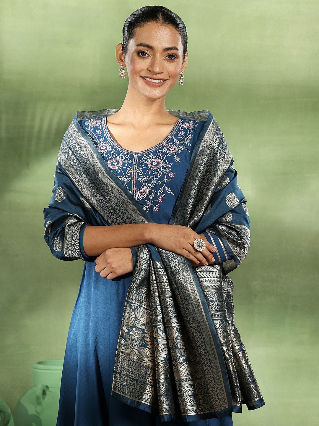 

Libas Floral Yoke Design Thread Work Anarkali Kurta With Trouser & Dupatta, Teal