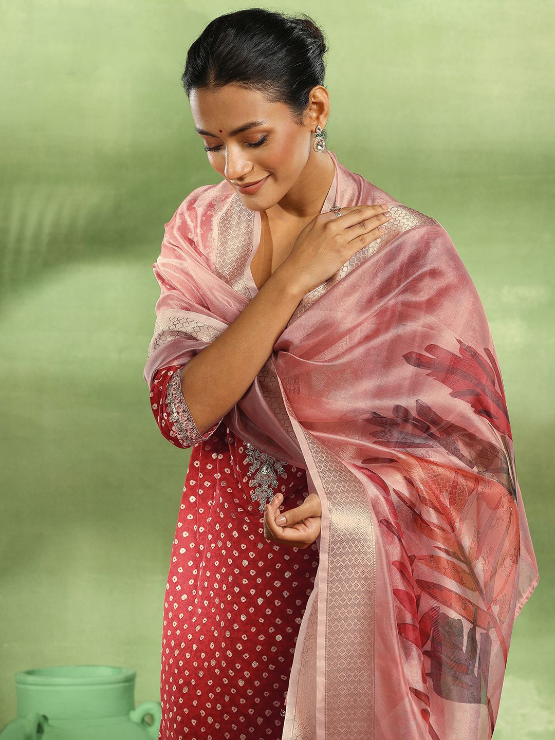 

Libas Bandhani Embroidered Sequinned Kurta with Trouser & Dupatta, Red