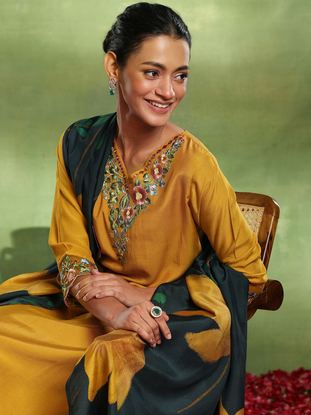 

Libas Floral Yoke Design Thread Work Kurta with Trouser & Dupatta, Mustard