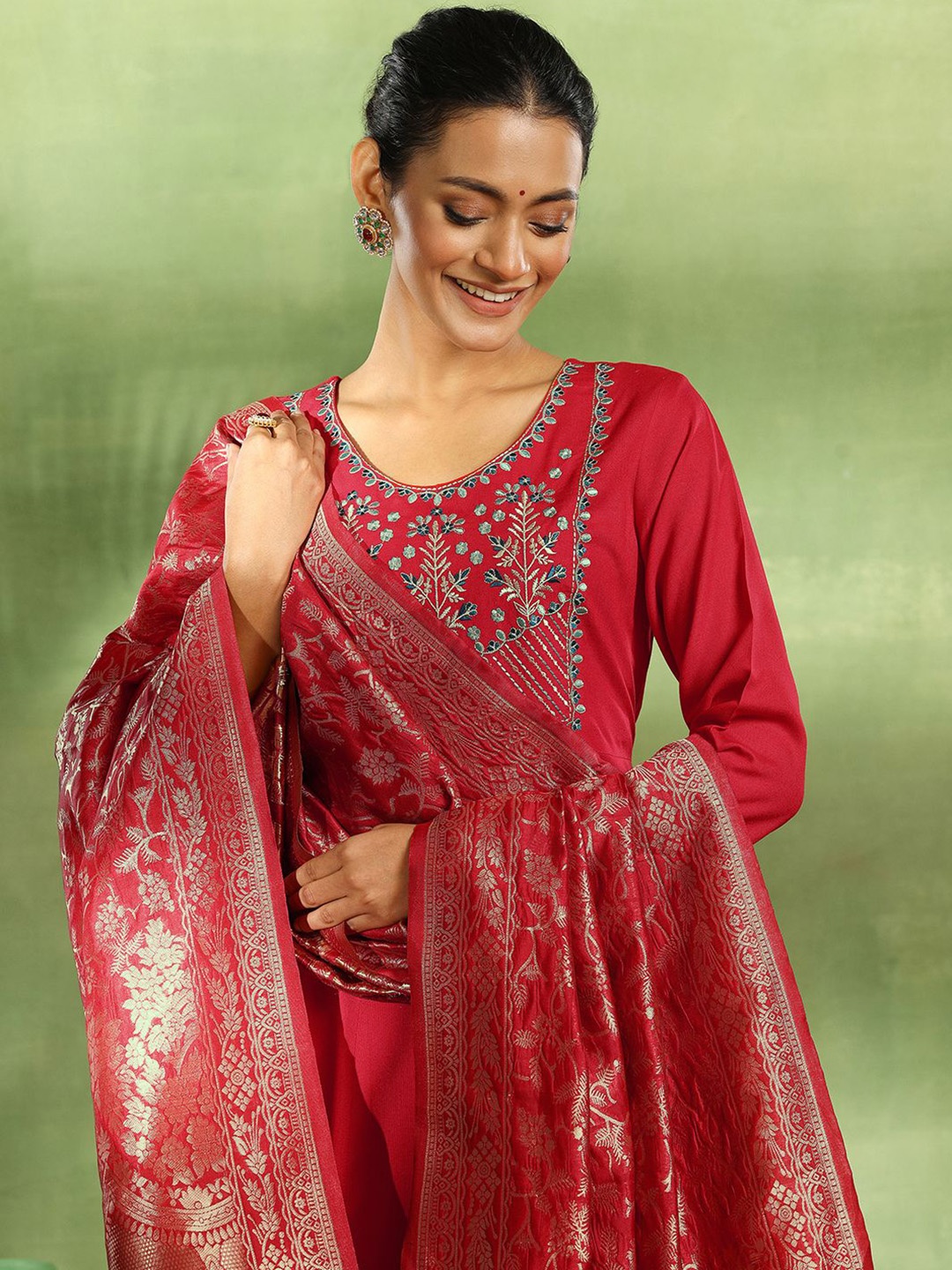 

Libas Floral Yoke Design Thread Work Anarkali Kurta With Trouser & Dupatta, Red