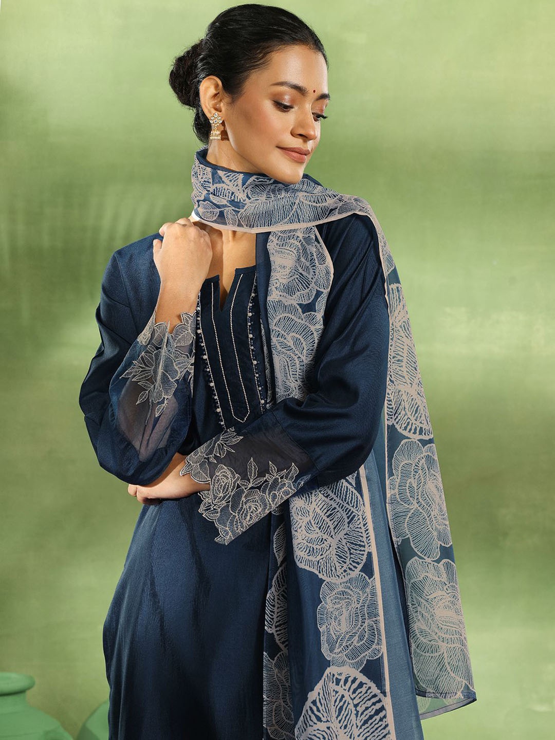 

Libas Yoke Design Beads and Stones Kurta with Trouser & Dupatta, Teal