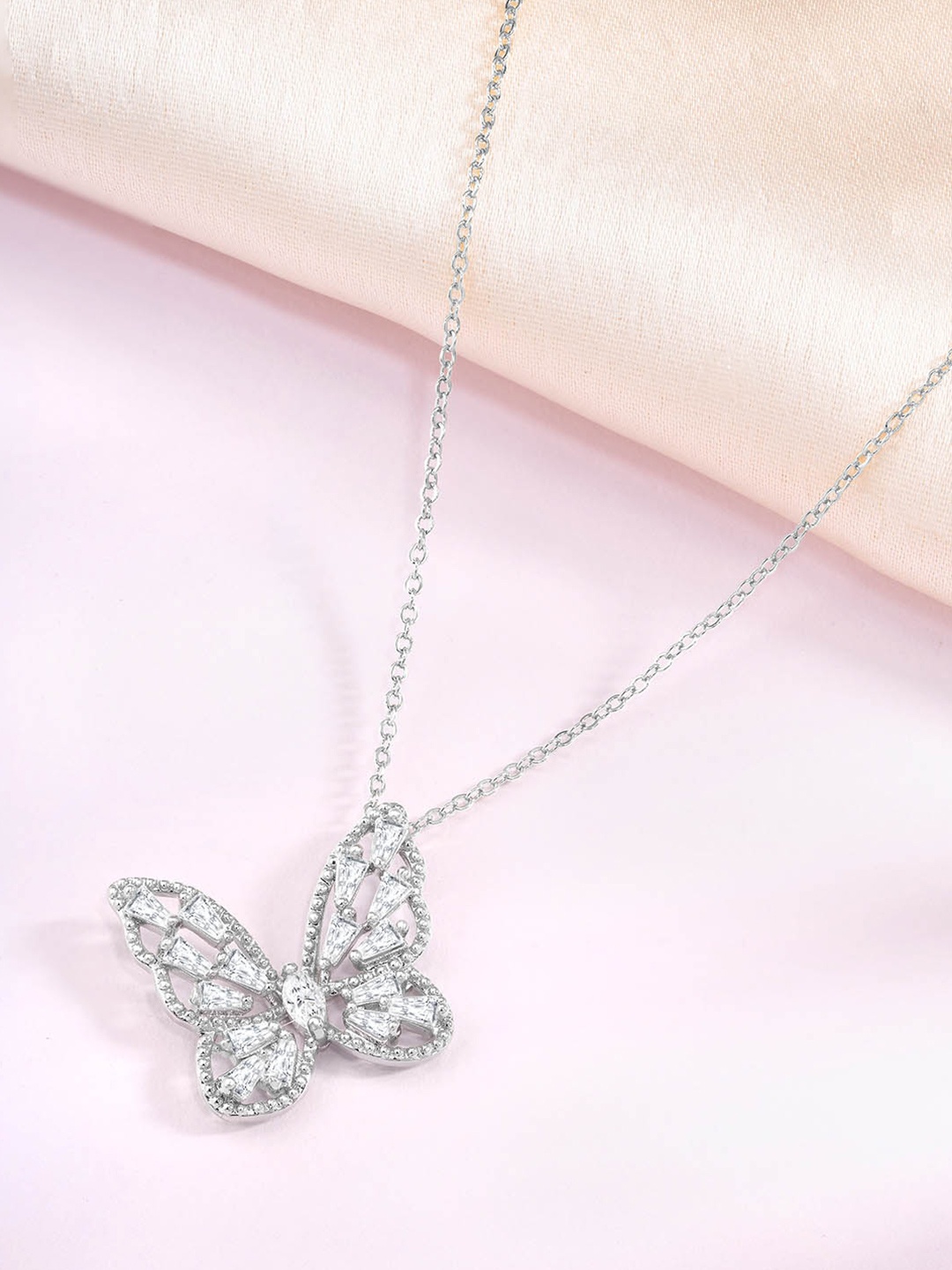 

Peora Silver-Plated CZ-Studded Butterfly Shaped Pendant With Chain