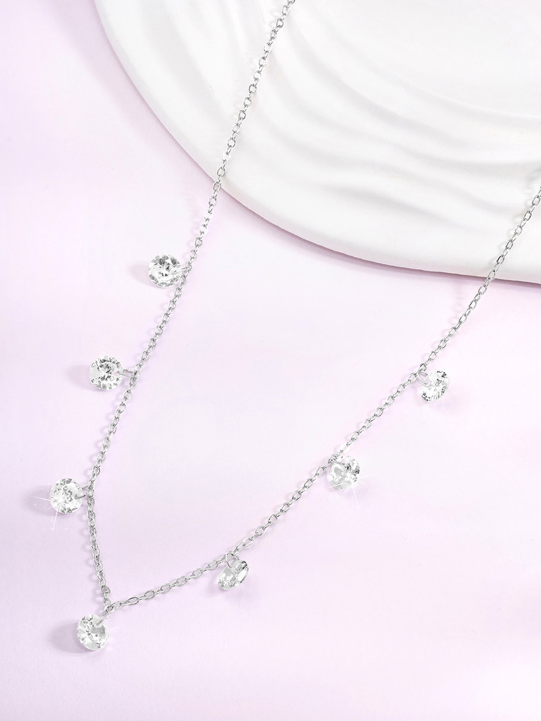 

Peora Brass Silver-Plated Crystal Studded Necklace
