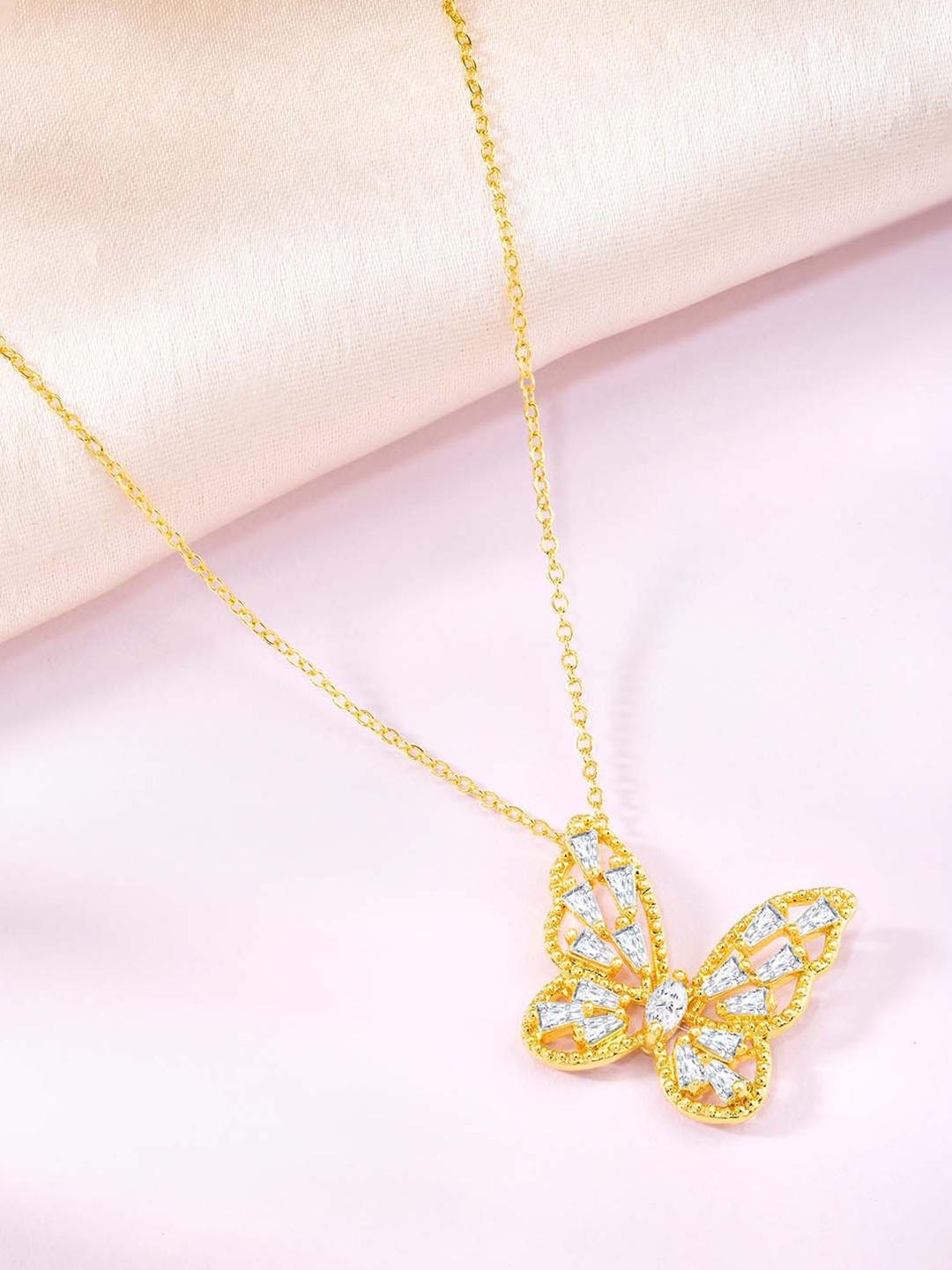 

Peora Gold-Plated Cubic Zirconia Studded Butterfly Shaped Pendant With Chain
