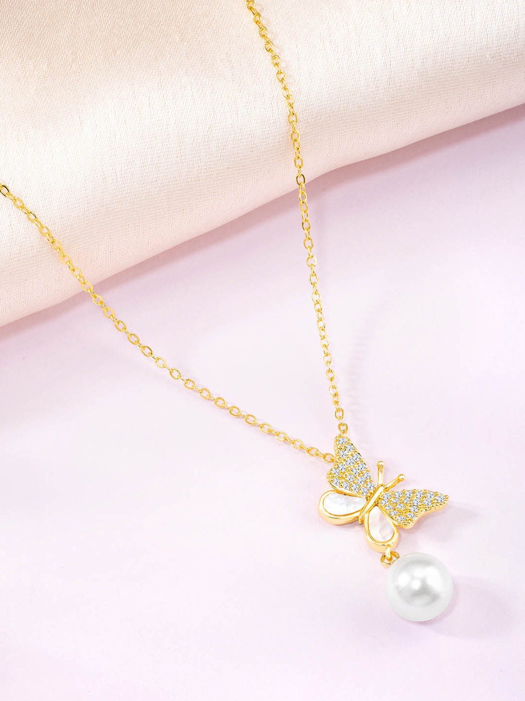 

Peora Gold-Plated CZ-Studded & Pearls Beaded Butterfly Shaped Pendant With Chain